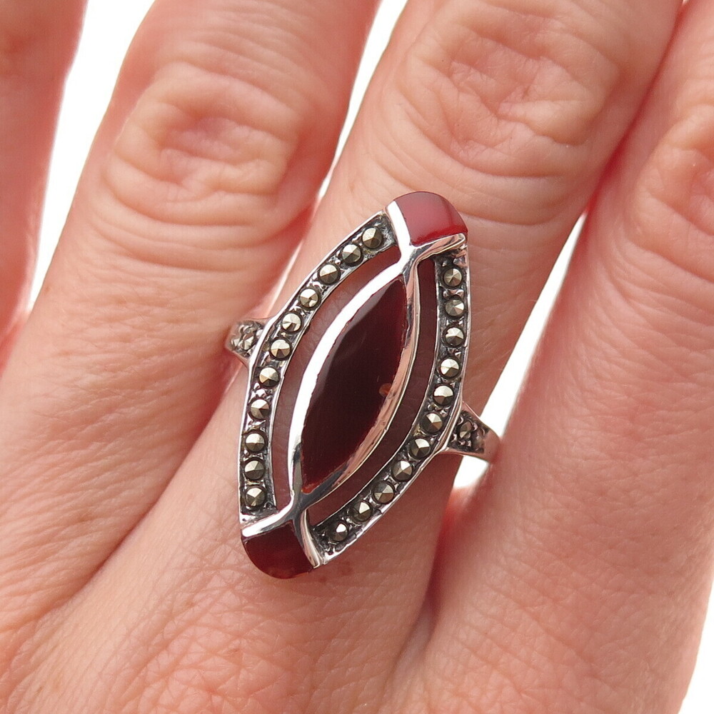 925 Sterling Silver Vintage Real Carnelian & Marcasite Oxidized Ring Size 7.5
